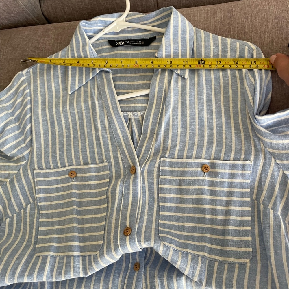 Zara women’s Blue Dress belted, long sleeve  White stripe long Dress shirt Small - Picture 10 of 12